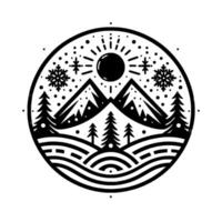 A minimalist monochrome circular illustration of a winter mountain scene with trees, snowflakes, and sun, enclosed within a black border. vector