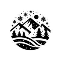 A monochrome winter landscape within a circular frame, featuring snowcapped mountains, pine trees, falling snowflakes, and a sun, evoking a tranquil, seasonal ambiance. vector