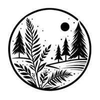 A circular minimalist illustration of a forest scene within a circle, featuring pine trees, foliage, and a moon, rendered in black and white. vector