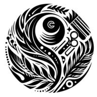Intricate black white circular featuring a stylized c, floral and mechanical elements, within a bold, dynamic composition. vector