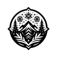 A symmetrical, black and white winter scene within an emblem, depicting snowcapped mountains, evergreen trees, and falling snowflakes. vector