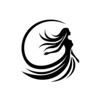 An elegant silhouette of a woman with flowing hair and gown, encircled by a crescent, set against a pristine white background, conveying grace and serenity. vector