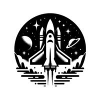 A retrofuturistic black and white illustration of a rocket ship launching into space, within a circular frame showcasing planets and stars. vector