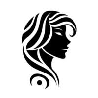 Elegant silhouette of a womans profile with flowing hair, rendered in bold black lines, against a pristine white background. vector