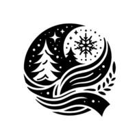 A monochromatic winter solstice featuring a stylized pine forest beneath a starry night sky, a crescent moon with snowflake, and flowing decorative elements. vector