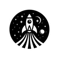 Black and white illustration rocket ship soaring through night sky with stars, crescent moon, and celestial elements, enclosed in a circle vector