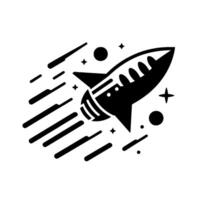 A bold, minimalist illustration of a rocket soaring through space, leaving a trail of streaks, stars and circles, showcasing a style. vector