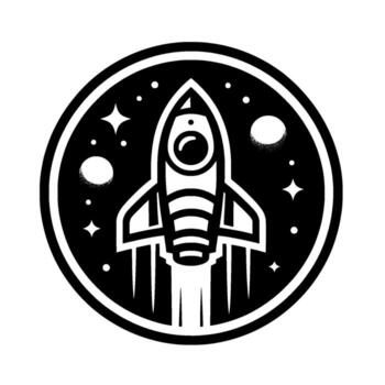 un minimalista monocromo representando un retro cohete Embarcacion voladura apagado dentro un estrellado noche cielo, encapsulado dentro un circular marco. vector