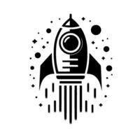Stylized black and white rocket ship taking off, surrounded by stars and circles, on white background. vector