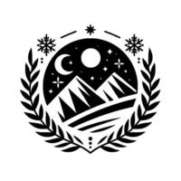 Monochromatic emblem featuring a stylized mountain landscape under a night sky with moon, stars, snowflakes, and a laurel wreath border. vector