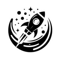 Black and white rocket illustration surrounded by a curved orbit, stars and dots, symbolizing space exploration and reaching for the stars. vector