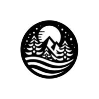A stylized, minimalist landscape within a circle. the black silhouette depicts mountains, pine trees, a full moon, and waves, evoking a sense of serene nature. vector