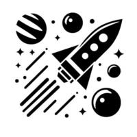 A stylized monochrome illustration of a rocket blasting off, surrounded by planets, stars, and cosmic particles, depicting space exploration. vector