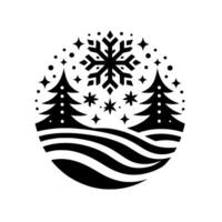 Winter scene in a circle two pine trees, a snowflake, stars, and snow drifts in a minimalist black and white design. vector