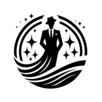 A silhouetted gentleman in a suit and fedora stands confidently at the center, framed by a circular incorporating stylized waves, arcs, and sparkling stars, embodying elegance. vector