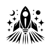 Stylized black and white rocket ship silhouette amidst stars, moon and planet, representing space exploration and dream. vector