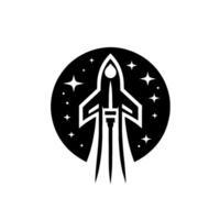 A stylized black and white featuring a rocket soaring amidst stars within a circular frame, evoking a sense of adventure. vector