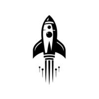 Sleek black and white rocket soaring upwards, illustrated with simplified form and a hint of smoke trails on a clean white background. vector