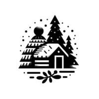 A stylized monochrome winter scene featuring a cozy cabin, snowcovered trees, falling snow, and decorative elements, creating a sense of warmth. vector