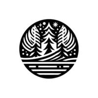 A minimalist black and white circular emblem depicting a winter forest scene with fir trees, snow, and a lake. vector