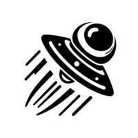 Bold, black and white illustration of a classic ufo, featuring a distinct saucerlike with a central sphere and stylized speed lines against a clean white background. vector