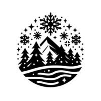 A monochrome winter scene a mountain range and conifer forest under a sky of snowflakes, stars, and dots enclosed within a circular frame. vector
