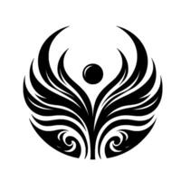 Elegant black and white circular emblem a stylized illustration featuring organic and geometric shapes, portraying an abstract, symmetrical centered around a sphere, suggestive of balance, gr vector
