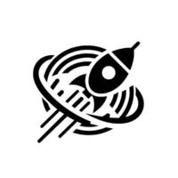 A stark black and white depicts a rocket ship launching through a stylized, concentric ringed space object, showcasing a sense of speed and exploration. vector