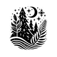 A stylized, black and white winter landscape featuring a crescent moon, stars, a snowflake, evergreen trees, stylized foliage, and a flowing ground. vector