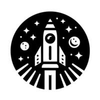 Black and white illustration rocket ship launching into space, encircled by stars, moon, and comet in a minimalist style. vector