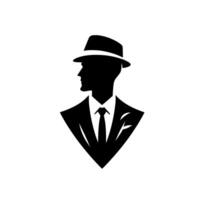 Silhouette of a man in a suit and fedora, profile view, contrasting black and white, geometric composition, simple and elegant design. vector
