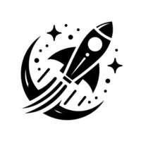 Sleek black and white rocket illustration soaring through space, encircled by crescent, stars, and dots, symbolizing space travel, adventure, and exploration. vector