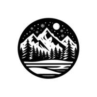 A monochromatic, circular, stylized winter landscape featuring snowcapped mountains, evergreen trees, a serene lake, falling snowflakes, and a bright full moon, all set against a starlit black sky. vector
