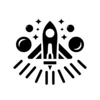 Black and white minimalist illustration of a rocket blasting off, surrounded by stylized planets and stars, representing space exploration and adventure. vector