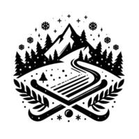 A stylized winter emblem featuring a snowy mountain, ski tracks, crossed skis, evergreen trees, snowflakes, and decorative foliage in a symmetrical circular composition. vector