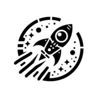 Stylized black and white rocketship soaring through a celestial sphere with stars, exuding a sense of adventure and exploration. vector