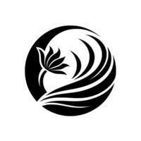 Elegant black and white floral a stylized lotus flower emerges from a flowing wave pattern within a circular frame, minimalist yet striking. vector