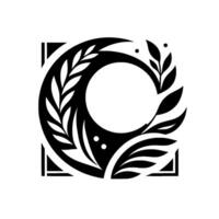 Monochromatic botanical motif a stylized, symmetrical composition featuring a central circular void surrounded by leaves and branches, contained within a square frame. vector