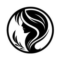 Elegant silhouette of a womans profile and flowing hair within a circular frame, emphasizing femininity and grace. vector