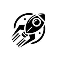 Stylized black and white rocket ship soaring within a circle, depicting flight, space exploration, and innovation, on a clean white background. vector