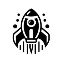 Bold black and white rocket ship launching with stylized flame and surrounding starlike dots, conveying themes of space exploration, ambition, and technological advancement. vector