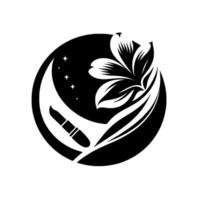 Abstract black and white floral featuring a flower, lipstick, stars, and crescent moon within a circle, symbolizing beauty and grace. vector