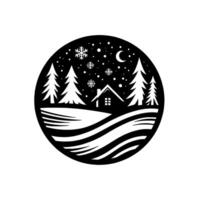 Serene winter night scene encapsulated in a circular silhouette, featuring a snowcovered landscape, pine trees, a cozy cabin, and a crescent moon, with falling snowflakes. vector