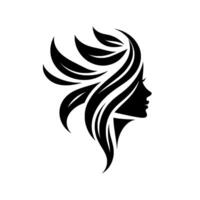 Silhouette of a womans profile intertwined with stylized leaves and flowing hair, rendered in bold black lines on a pristine white background, evocative of elegance and natures grace. vector