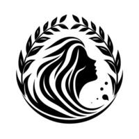 Elegant black and white silhouette of a womans profile within a circular laurel wreath, exuding serenity and grace, a minimalist design. vector
