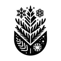 Stylized black and white winter an oval composition featuring a central tree motif and scattered snowflakes. vector