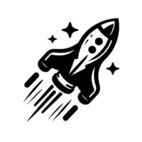 A stylized black and white rocket ship ascending with exhaust trails and starshaped sparkles against a blank white background, creating a dynamic, uplifting, and spacethemed illustration. vector