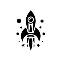 A minimalist, black and white illustration of a rocket ship surrounded by stars and dots, evoking a sense of space exploration. vector