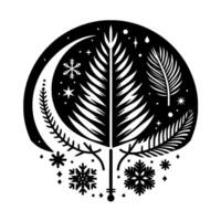 A symmetrical winter solstice illustration, featuring a central stylized pine tree, crescent moon, snowflakes, stars, and various leaf shapes enclosed in a black circle, with contrasting white element vector