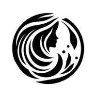 A minimalist, circular showcasing a womans profile amidst flowing hair and stylized leaves, rendered in bold black and white contrast. vector